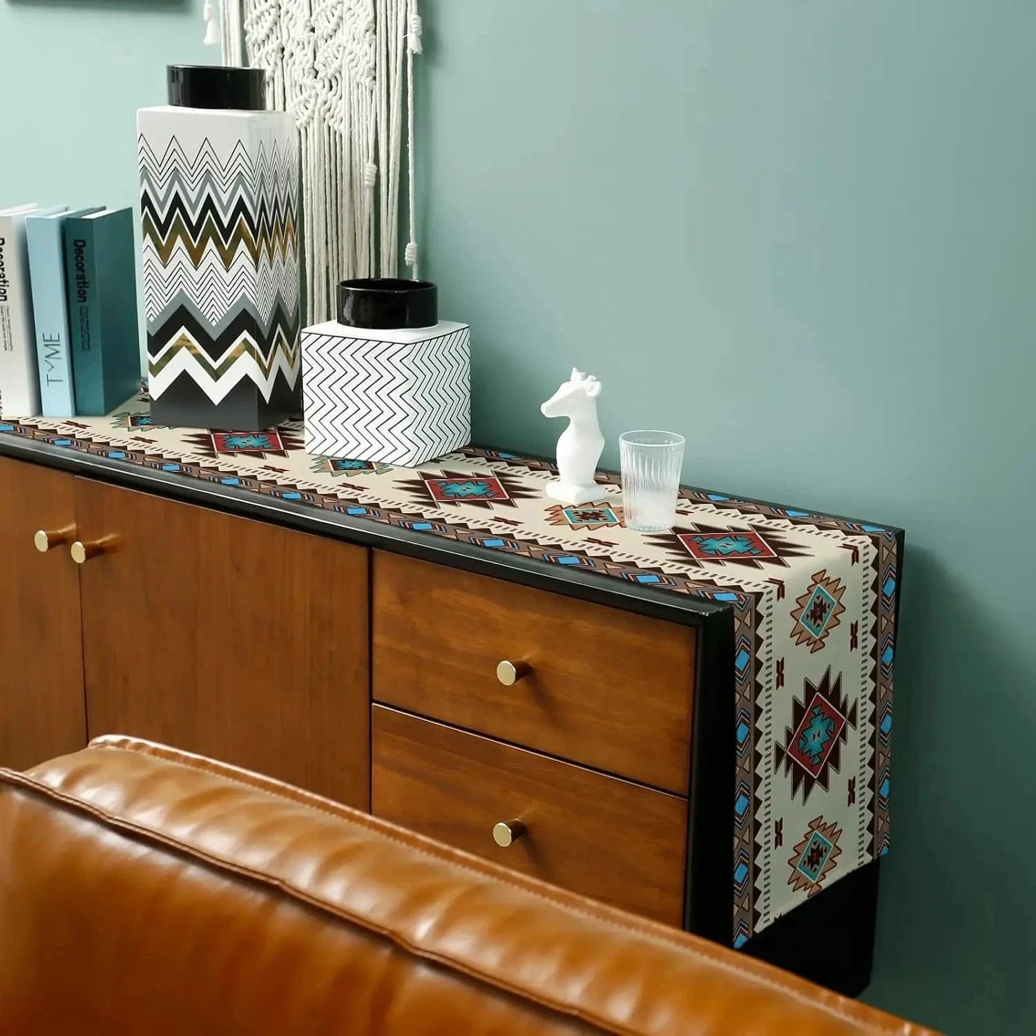 Chemin de Table Amérindien - Motifs Navajo Turquoise Lin