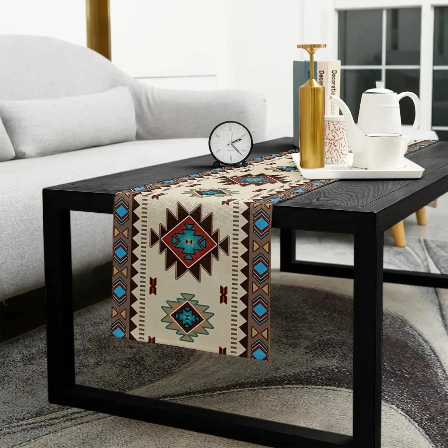 Chemin de Table Amérindien - Motifs Navajo Turquoise Lin