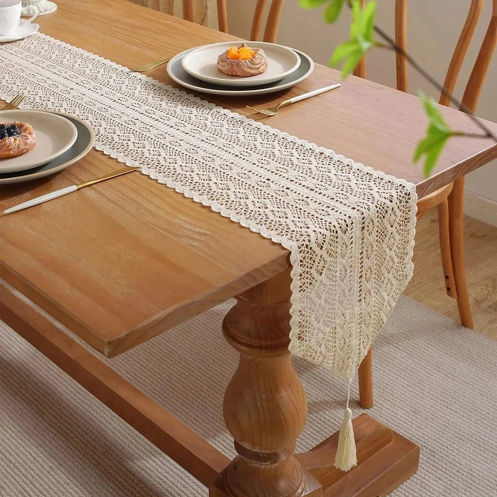 Chemin de Table Beige Dentelle - Élégance Neutre Sophistiquée