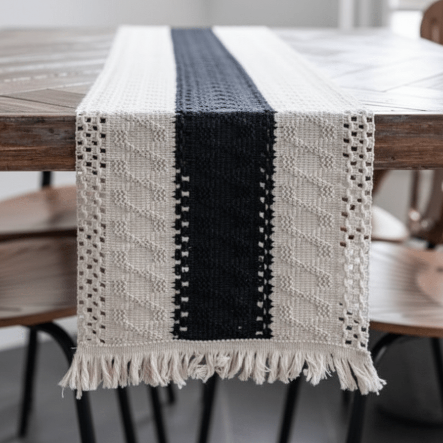 Chemin de Table Blanc et Noir - Graphique Scandinave Lin