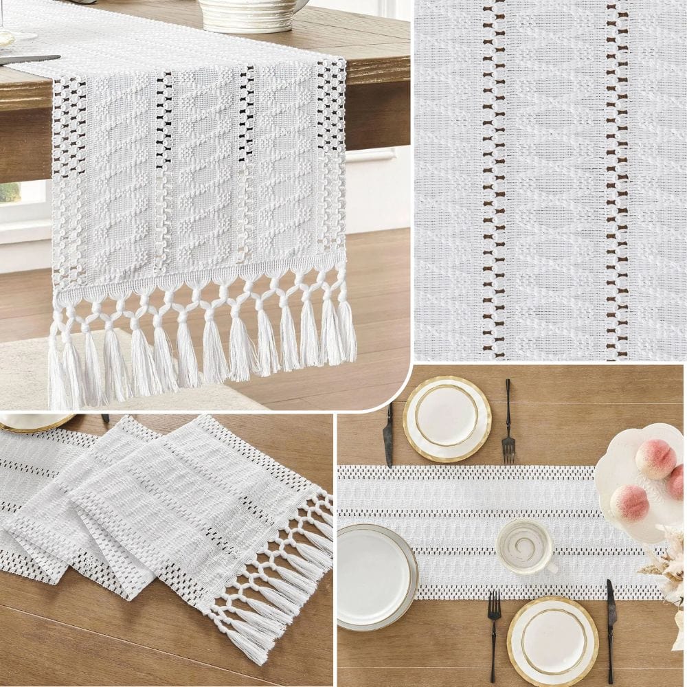 Chemin de Table Blanc Lin - Jacquard Macramé Franges Raffiné