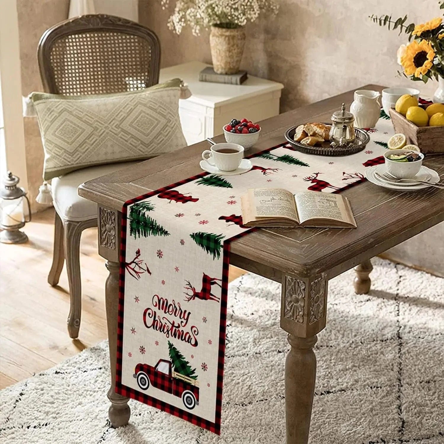 Chemin de Table Blanc Noël - Christmas Truck Lin Rustique