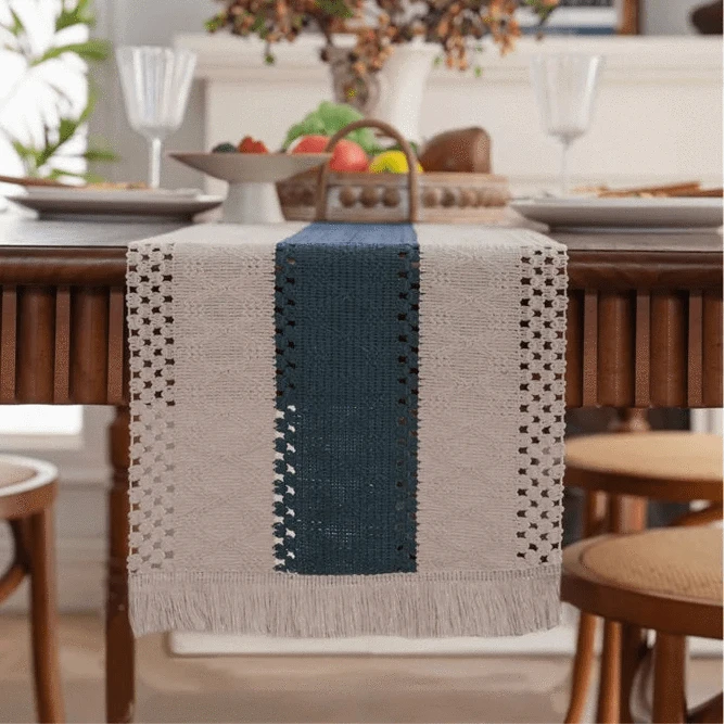 Chemin de Table Bohème Bleu Canard Lin - Design Contrasté