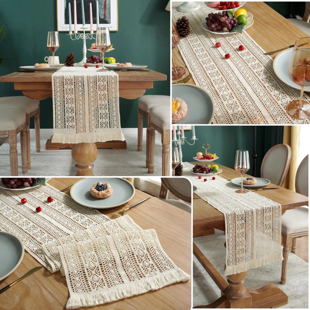 Chemin de Table Bohème Chic - Macramé Coton Franges Artisanal