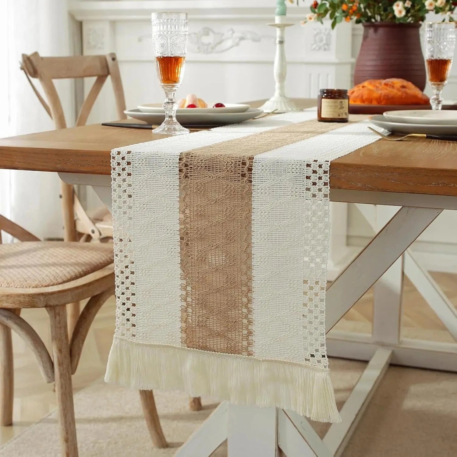 Chemin de Table Boheme - Tissage Artisanal Lin Coton Franges