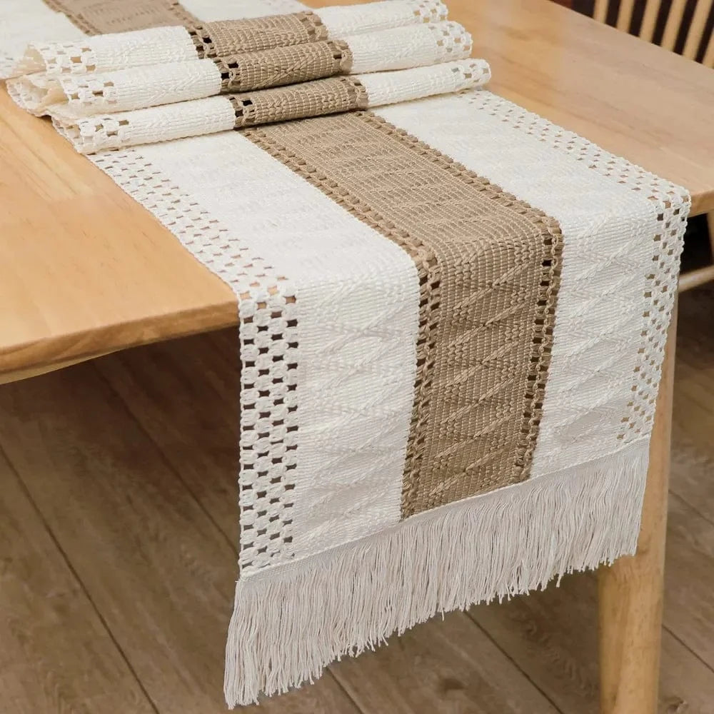 Chemin de Table Boheme - Tissage Artisanal Lin Coton Franges