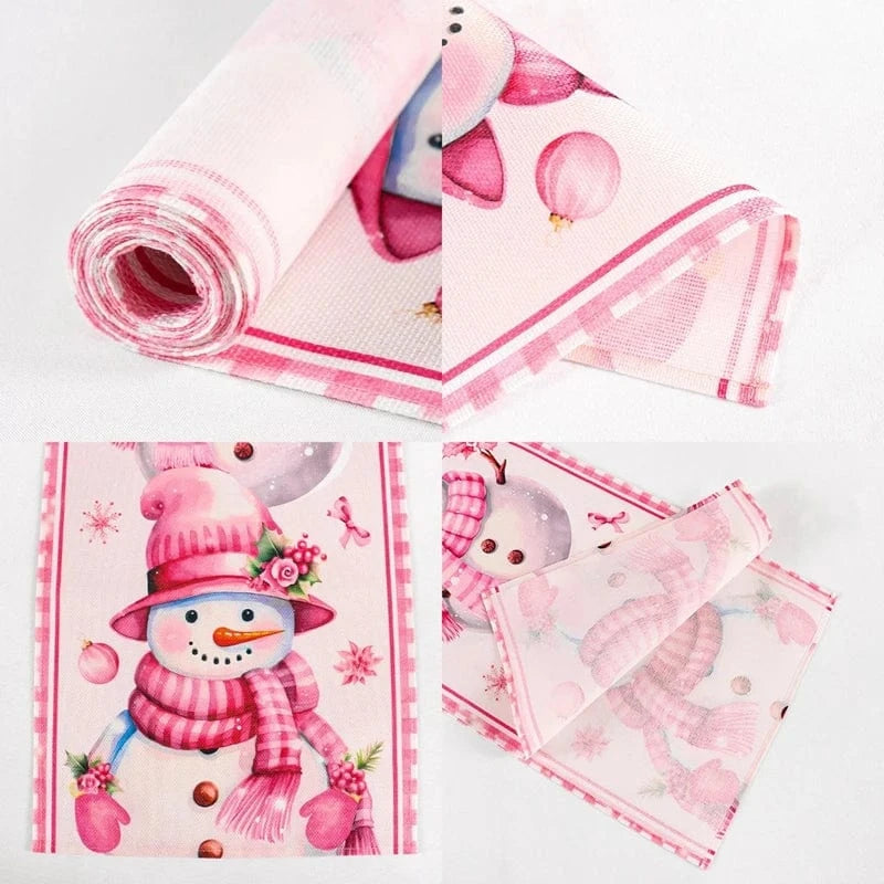 Chemin de Table Bonhomme de Neige Rose - Décoration Noël Lin