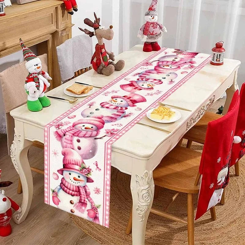Chemin de Table Bonhomme de Neige Rose - Décoration Noël Lin