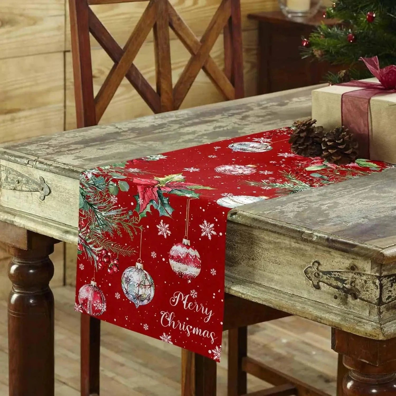 Chemin de Table Boules de Noël - Merry Christmas Lin Rouge