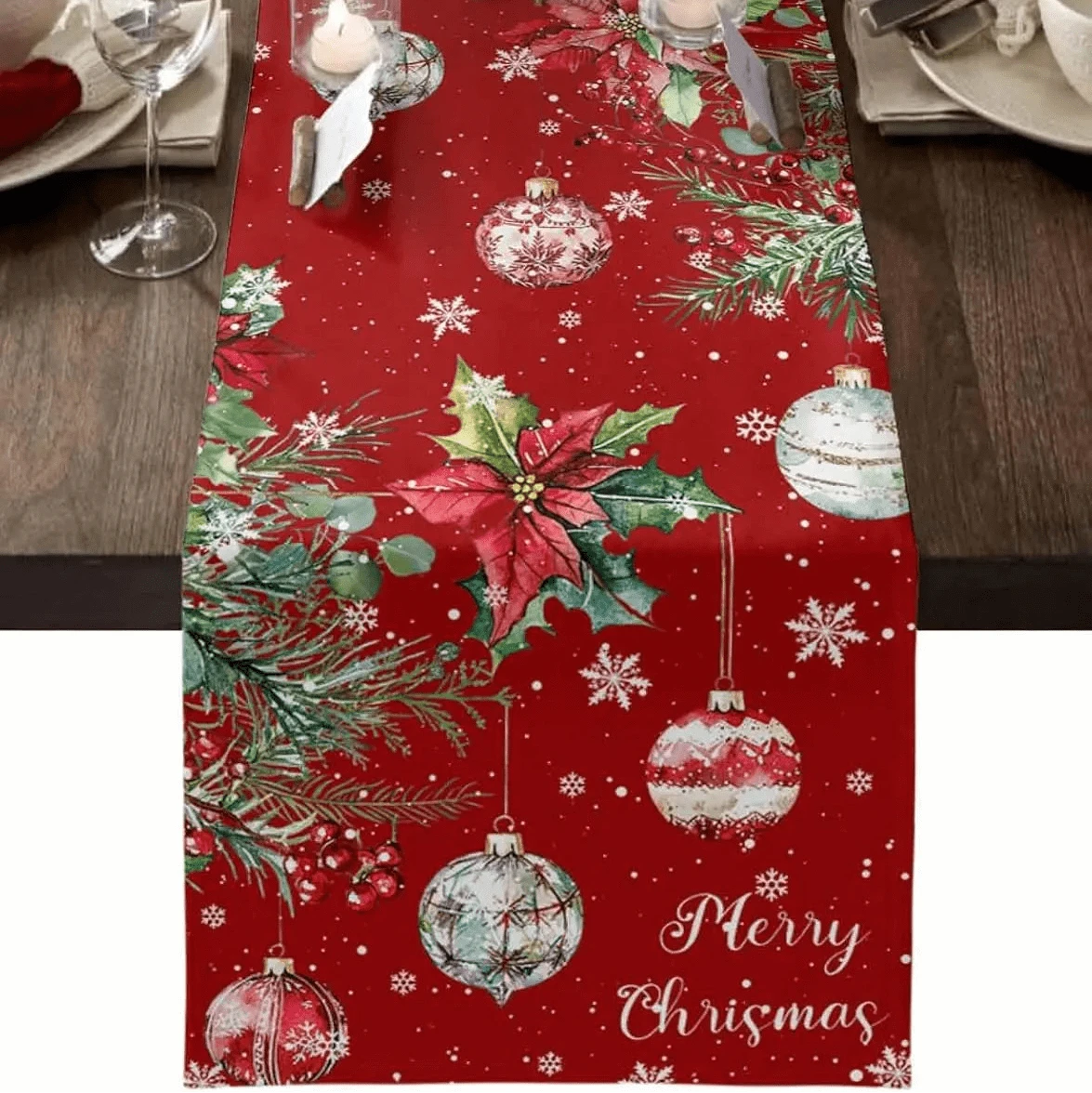 Chemin de Table Boules de Noël - Merry Christmas Lin Rouge