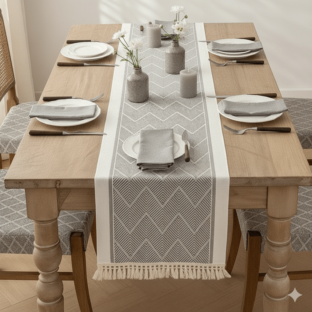 Chemin de Table Chevron Gris - Style Bohème avec Franges