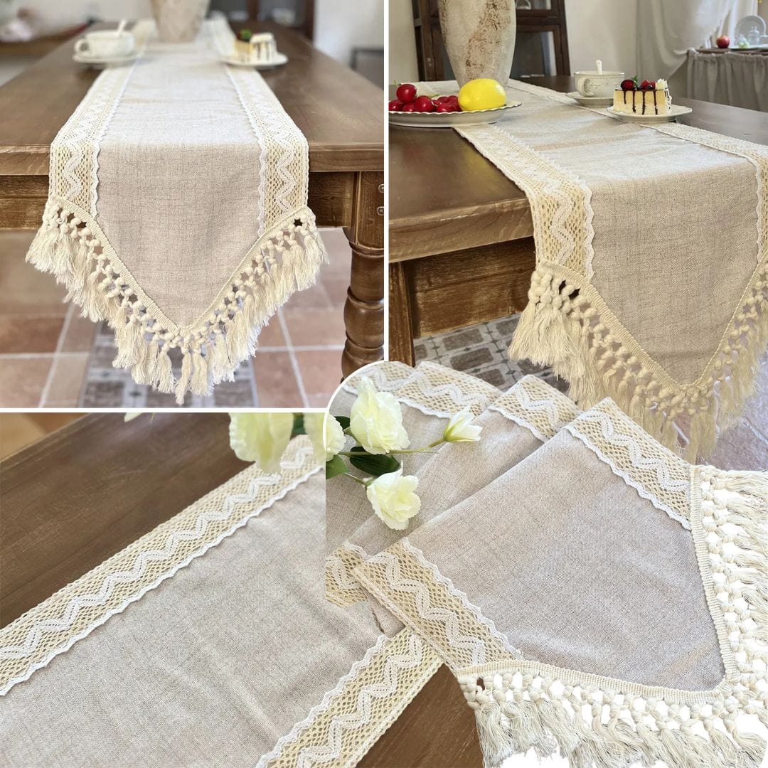Chemin de Table Écru - Dentelle Romantique Pompons Franges