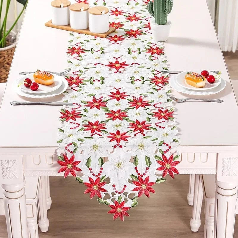 Chemin de Table en Fleur - Motifs Poinsettias Brodés Festifs