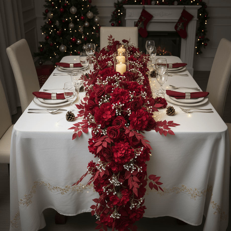 Chemin de Table en Fleurs pour Noël - Rouge Festif Luxueux