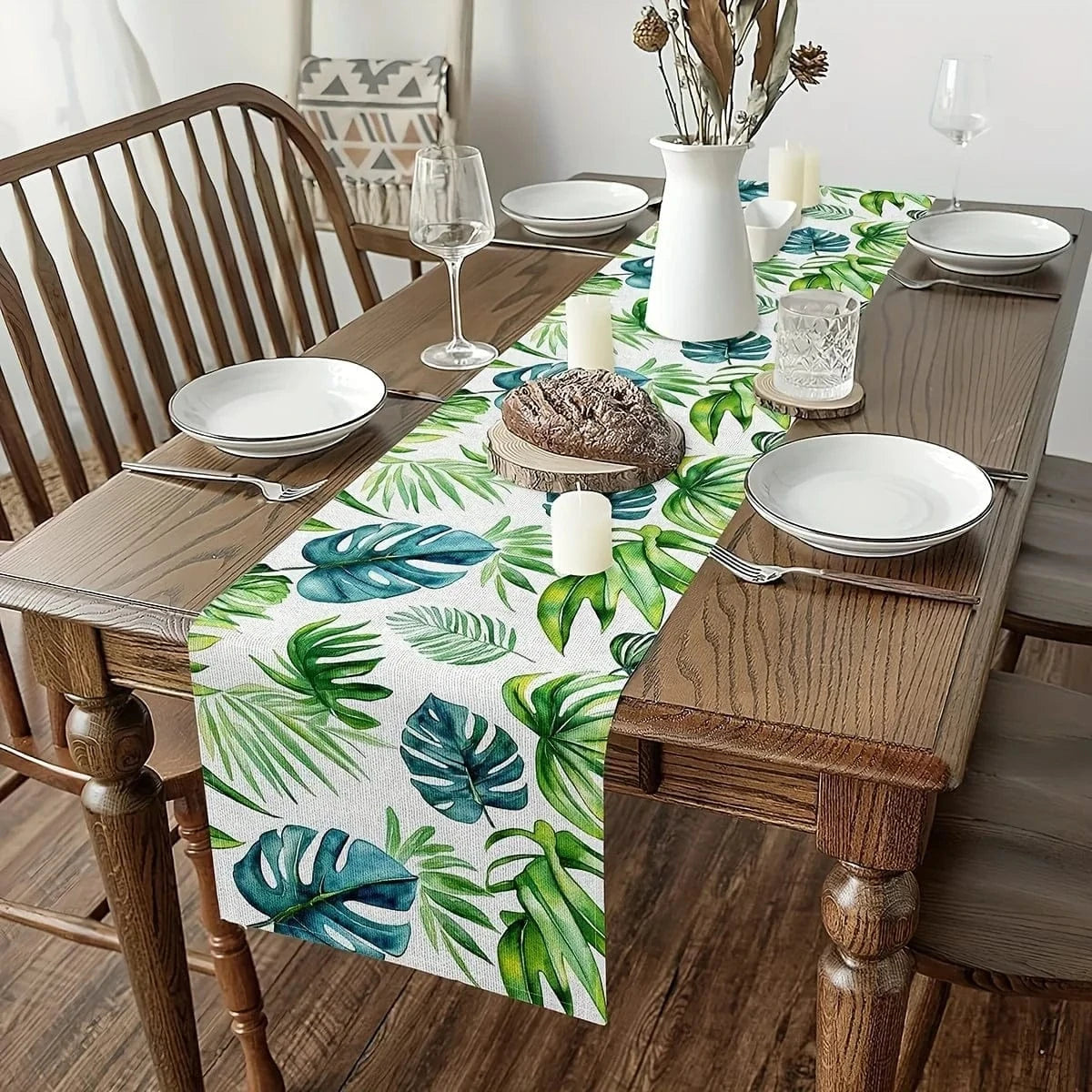 Chemin de Table Feuille Tropicale - Lin Naturel Motifs Exotiques