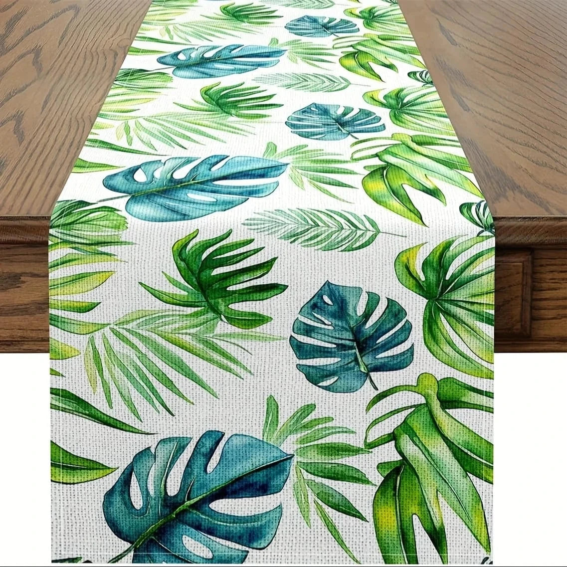 Chemin de Table Feuille Tropicale - Lin Naturel Motifs Exotiques