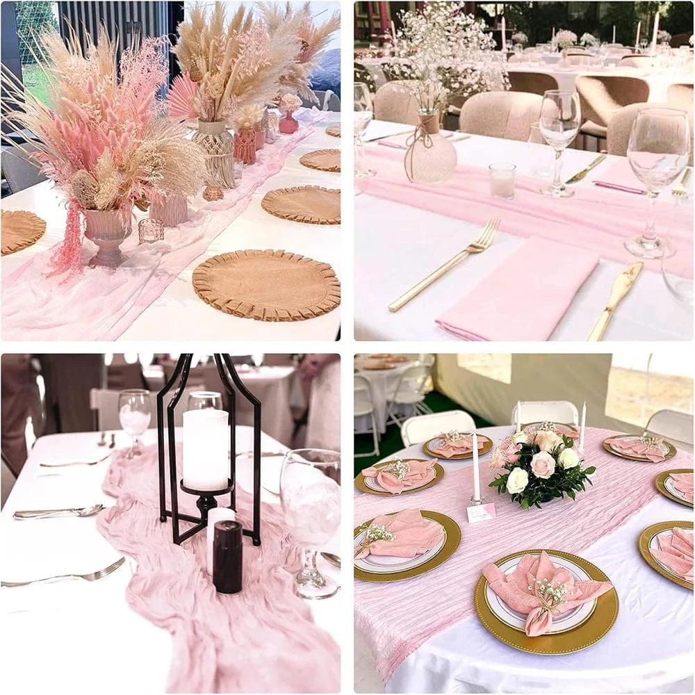 Chemin de Table Gaze Coton Rose - Romantique Froissé Tendre