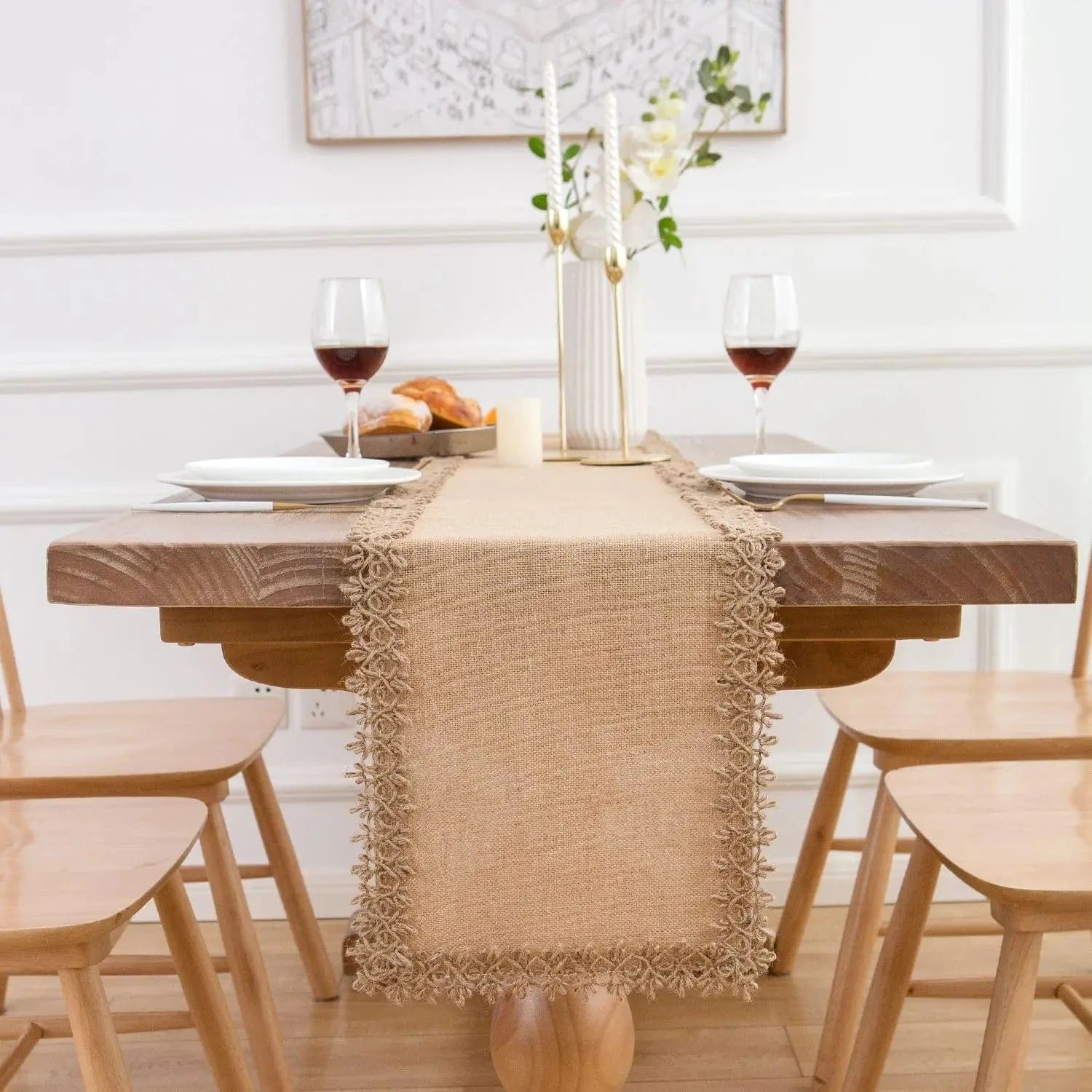 Chemin de Table Jute Vintage Bordure Relief - Bohème Chic