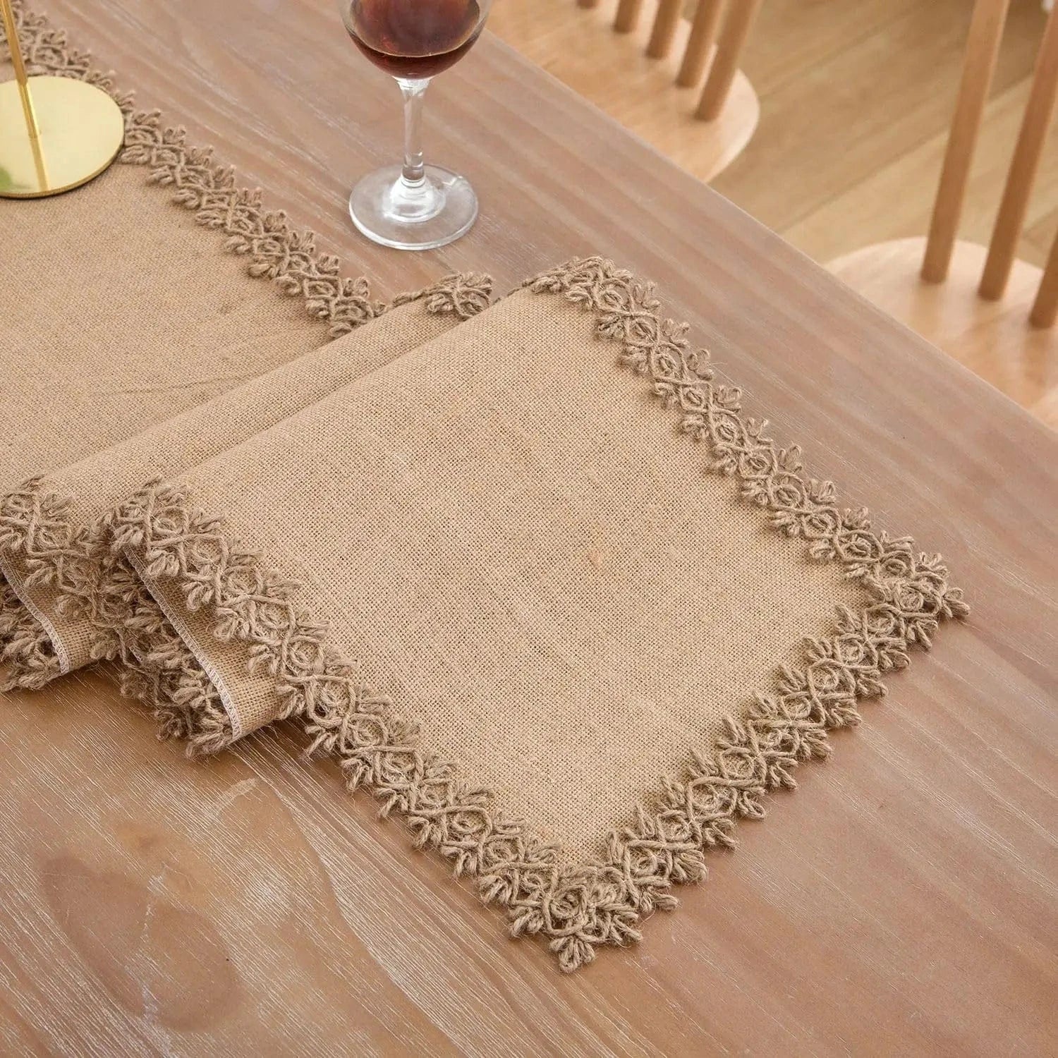 Chemin de Table Jute Vintage Bordure Relief - Bohème Chic