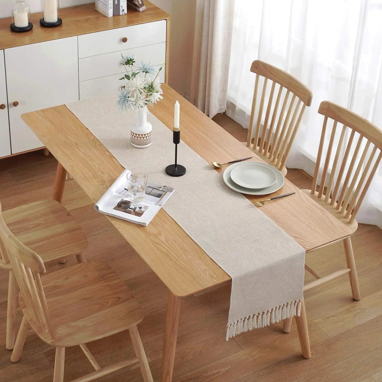 Chemin de Table Lin Beige - Tissage Artisanal Franges Naturel