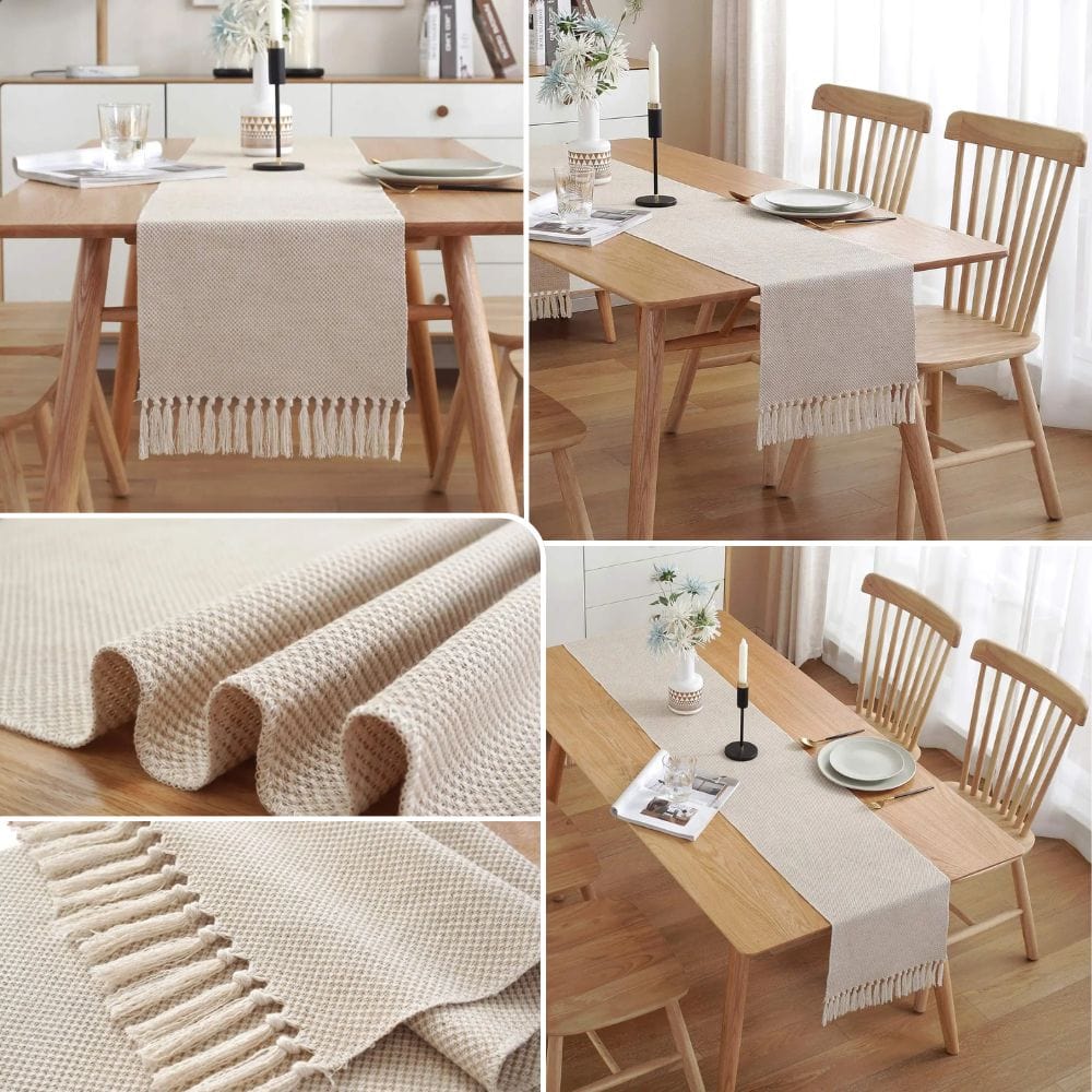 Chemin de Table Lin Beige - Tissage Artisanal Franges Naturel