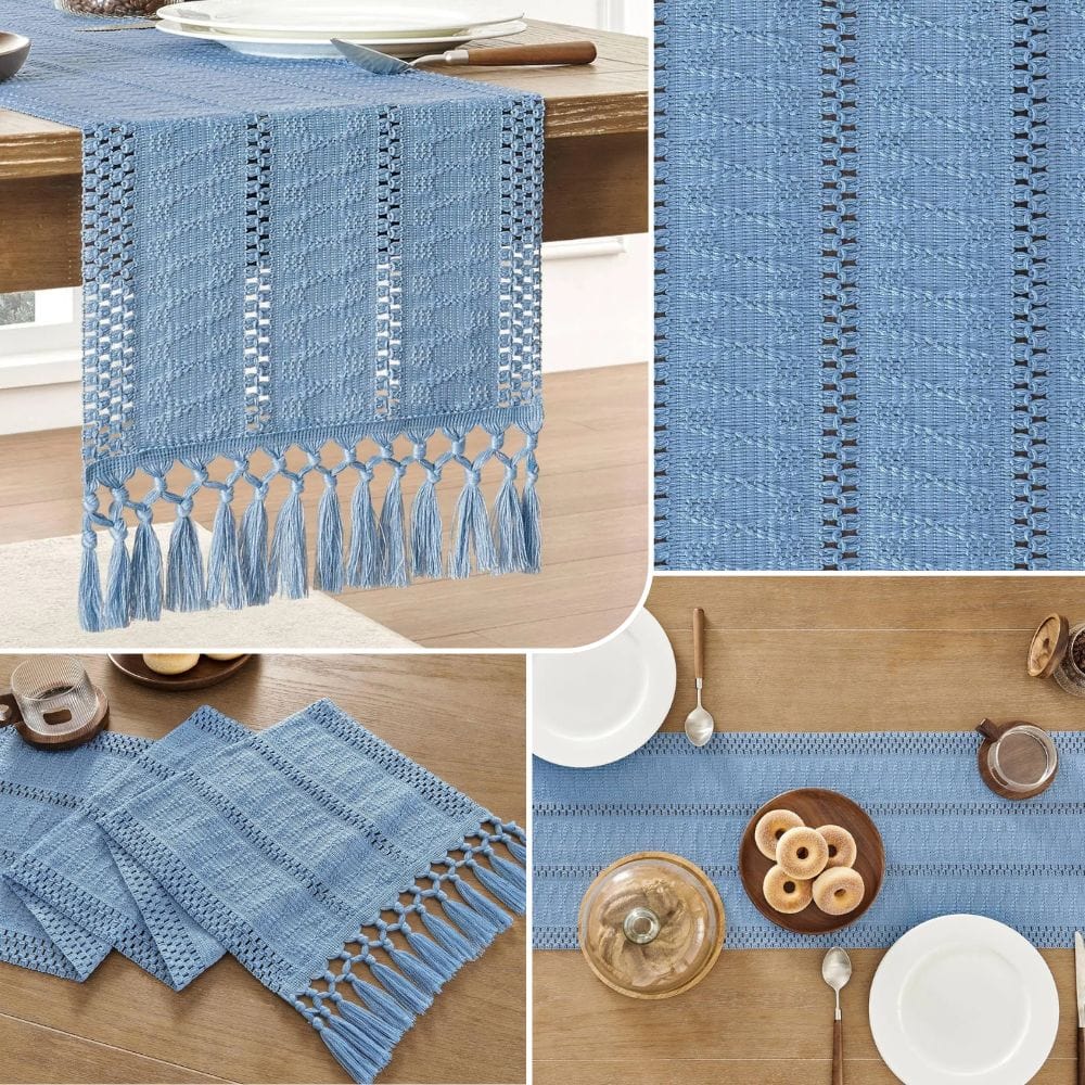 Chemin de Table Lin Bleu - Tissage Ajouré Sérénité Céleste