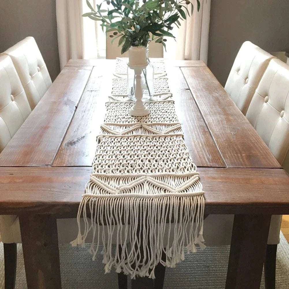 Chemin de Table Macramé Bohème - Tissage Artisanal 100% Coton
