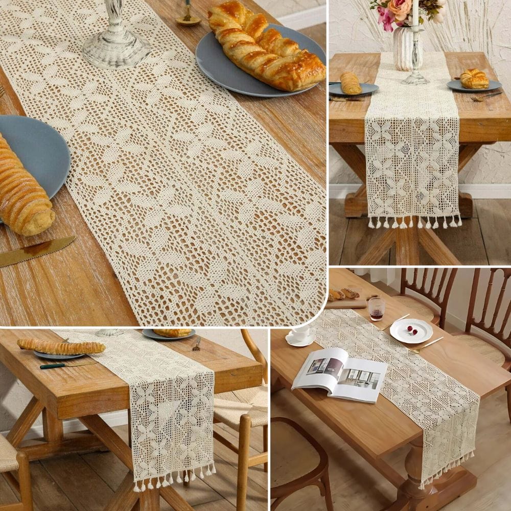 Chemin de Table Marguerite - Dentelle Crochet Beige Artisanal