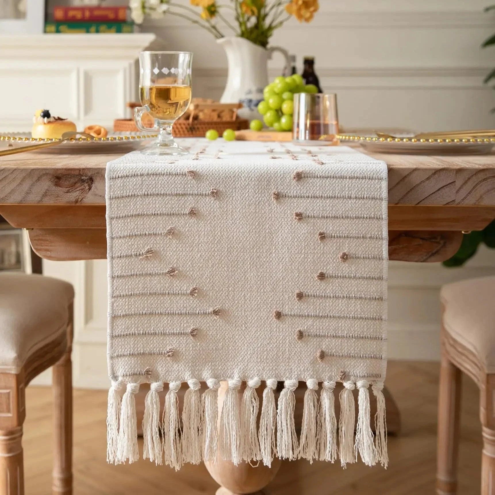 Chemin de Table Motif Boheme - Tissage Coton Brodé Franges