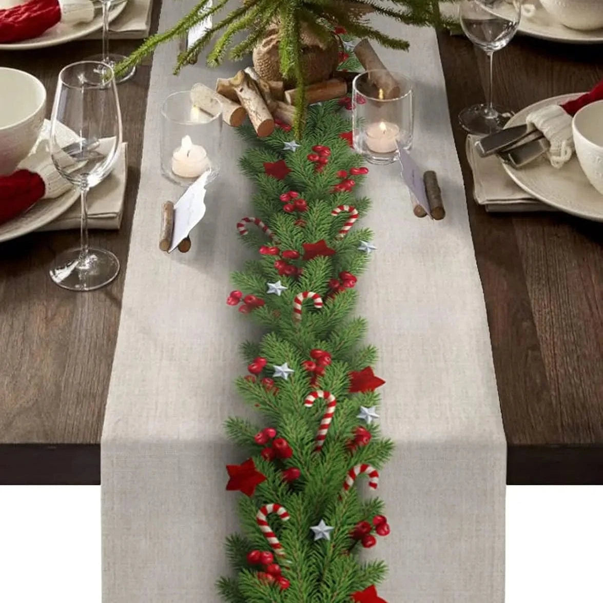 Chemin de Table Noël avec Branche de Sapin - Lin Naturel Festif