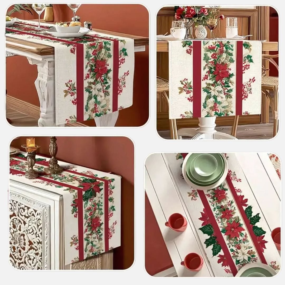 Chemin de Table Noël Rouge et Blanc - Poinsettias Lin Élégant