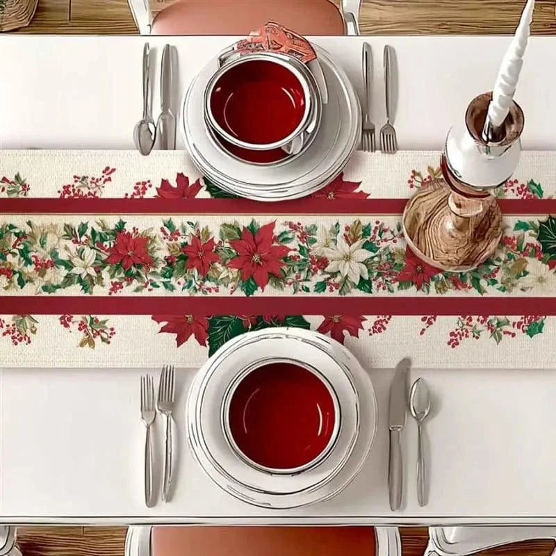 Chemin de Table Noël Rouge et Blanc - Poinsettias Lin Élégant