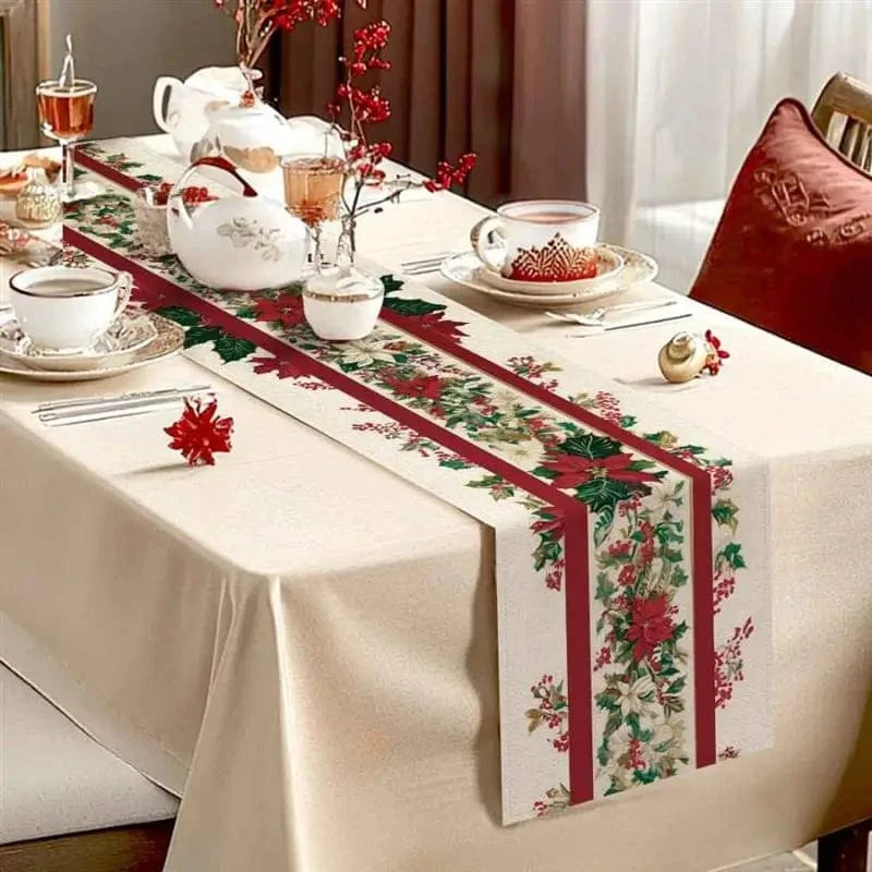 Chemin de Table Noël Rouge et Blanc - Poinsettias Lin Élégant