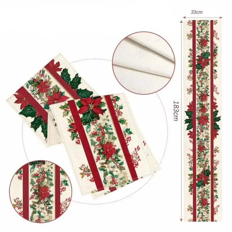 Chemin de Table Noël Rouge et Blanc - Poinsettias Lin Élégant