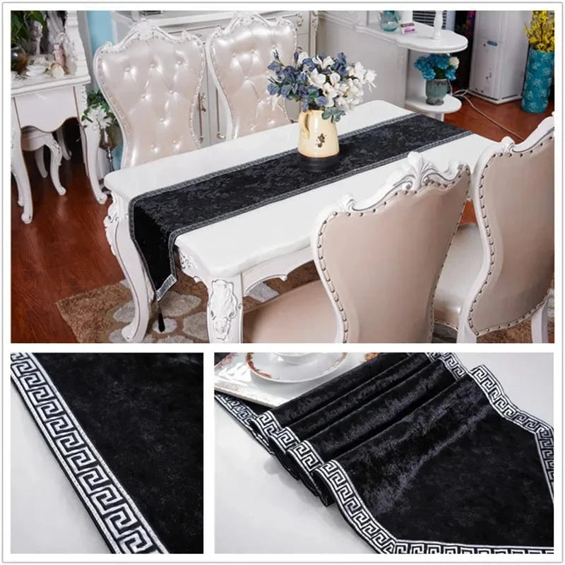 Chemin de Table Noir et Gris - Velours Luxueux Moderne Chic