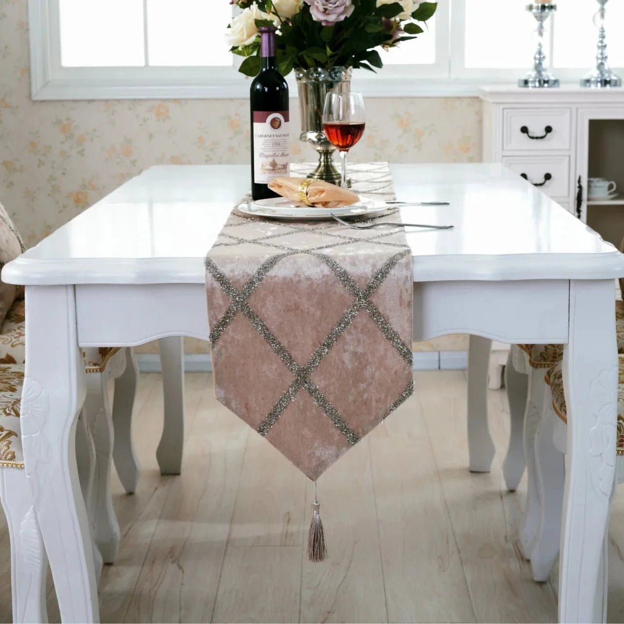 Chemin de Table Rose Poudré Mariage - Velours Chic Romantique