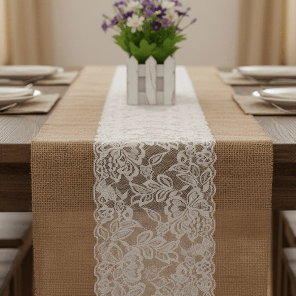 Chemin de Table Toile de Jute Dentelle Florale - Romantique