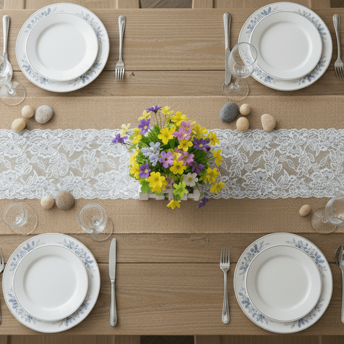 Chemin de Table Toile de Jute Dentelle Florale - Romantique