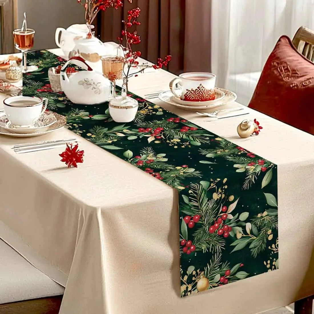 Chemin de Table Vert Noël - Motif Botanique Sapin Festif