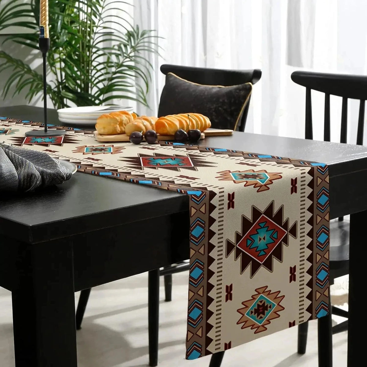 Chemin de Table Amérindien - Motifs Navajo Turquoise Lin
