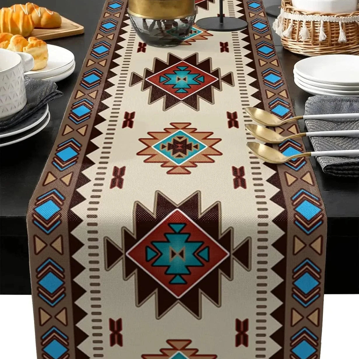 Chemin de Table Amérindien - Motifs Navajo Turquoise Lin