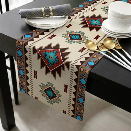 Chemin de Table Amérindien - Motifs Navajo Turquoise Lin
