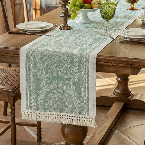 Chemin de Table Arabesque Vert - Oriental Tissé Sauge Écru