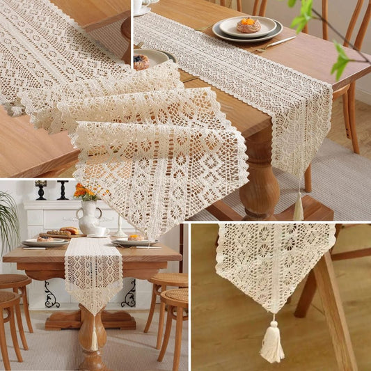 Chemin de Table Beige Dentelle - Élégance Neutre Sophistiquée