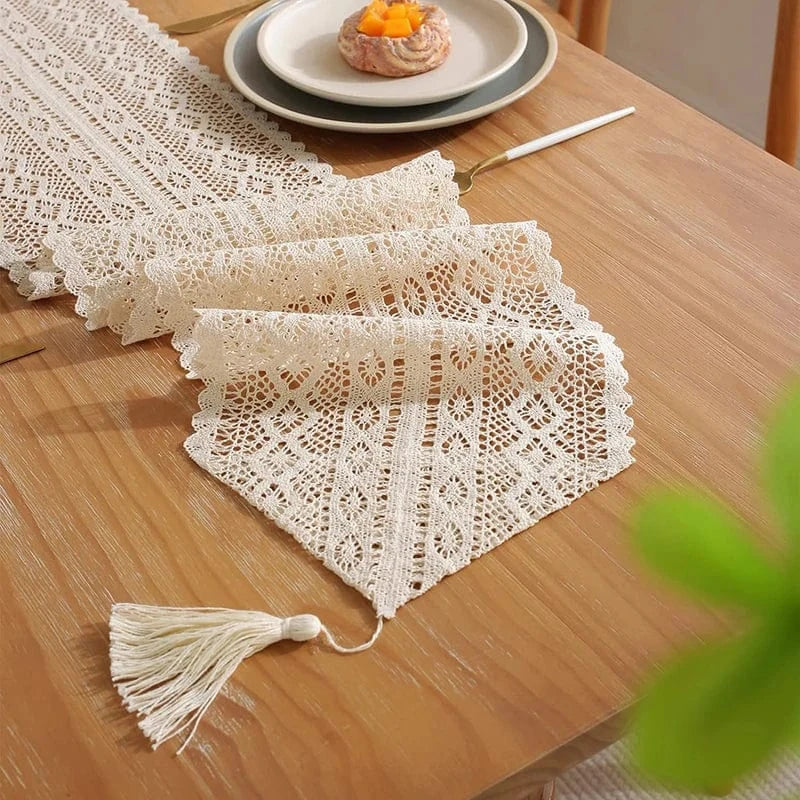 Chemin de Table Beige Dentelle - Élégance Neutre Sophistiquée