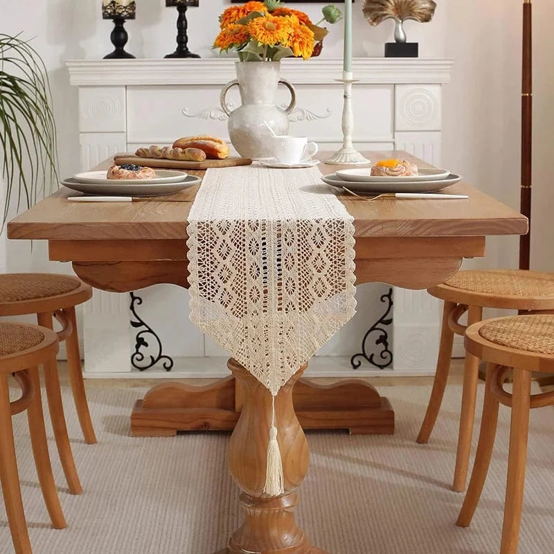 Chemin de Table Beige Dentelle - Élégance Neutre Sophistiquée