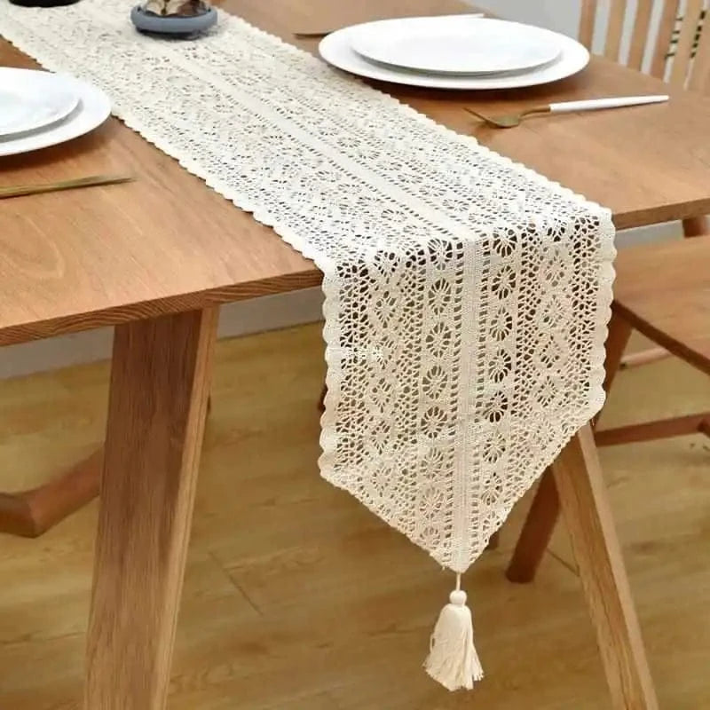 Chemin de Table Beige Dentelle - Élégance Neutre Sophistiquée