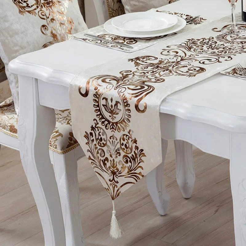 Chemin de Table Blanc et Or - Velours Brodé Luxe Baroque