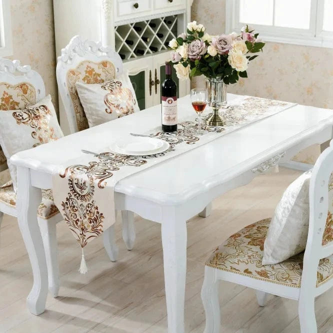 Chemin de Table Blanc et Or - Velours Brodé Luxe Baroque