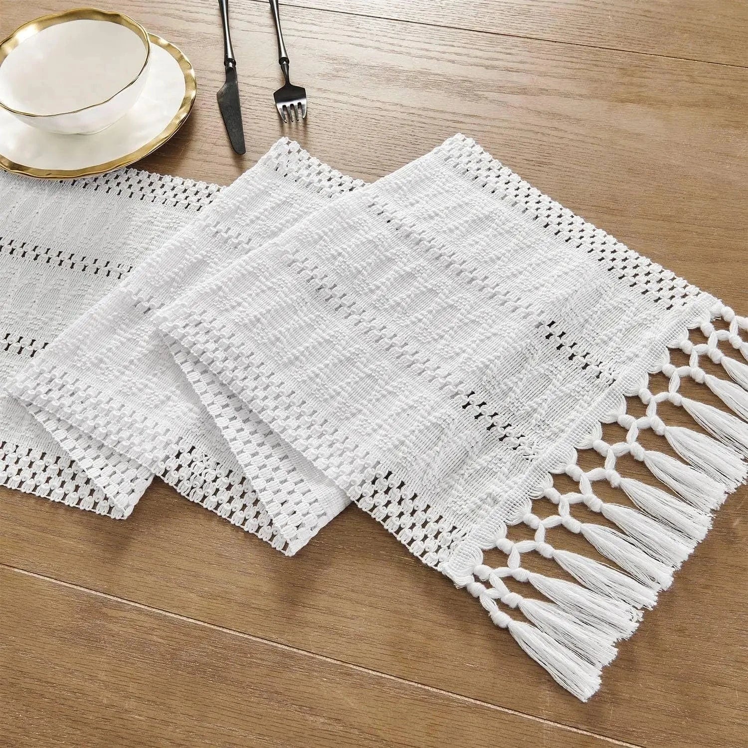 Chemin de Table Blanc Lin - Jacquard Macramé Franges Raffiné